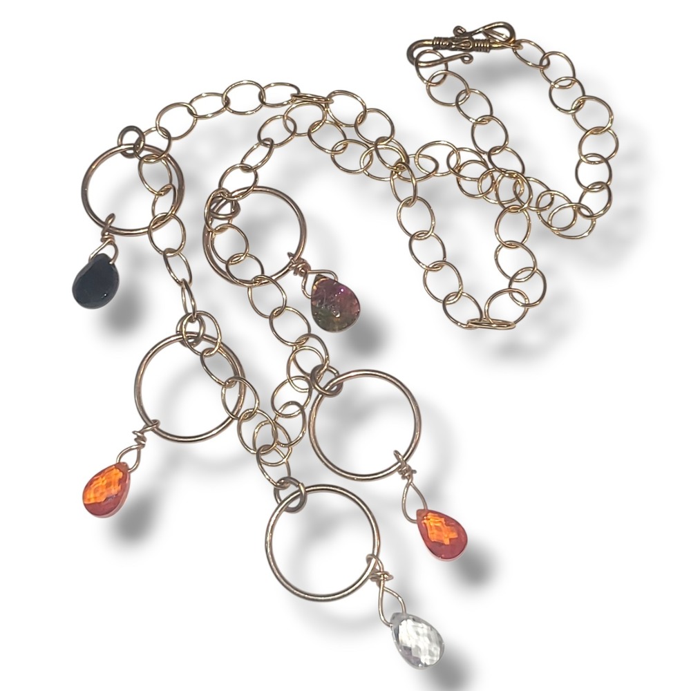 Gold Tone Chain Necklace Multi Color Glass Teardrop Dangle Charm Statement 16"